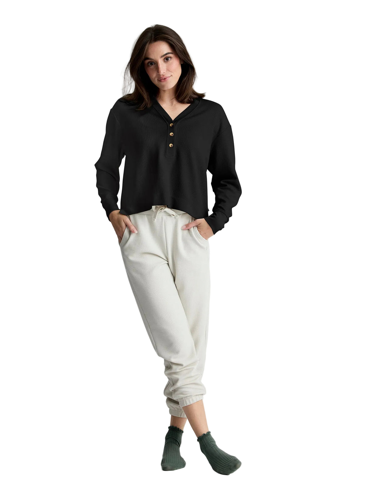 Womens Waffle Long Sleeve Henley-Shirts-Free Fly-Black Sand-Mountain Sports