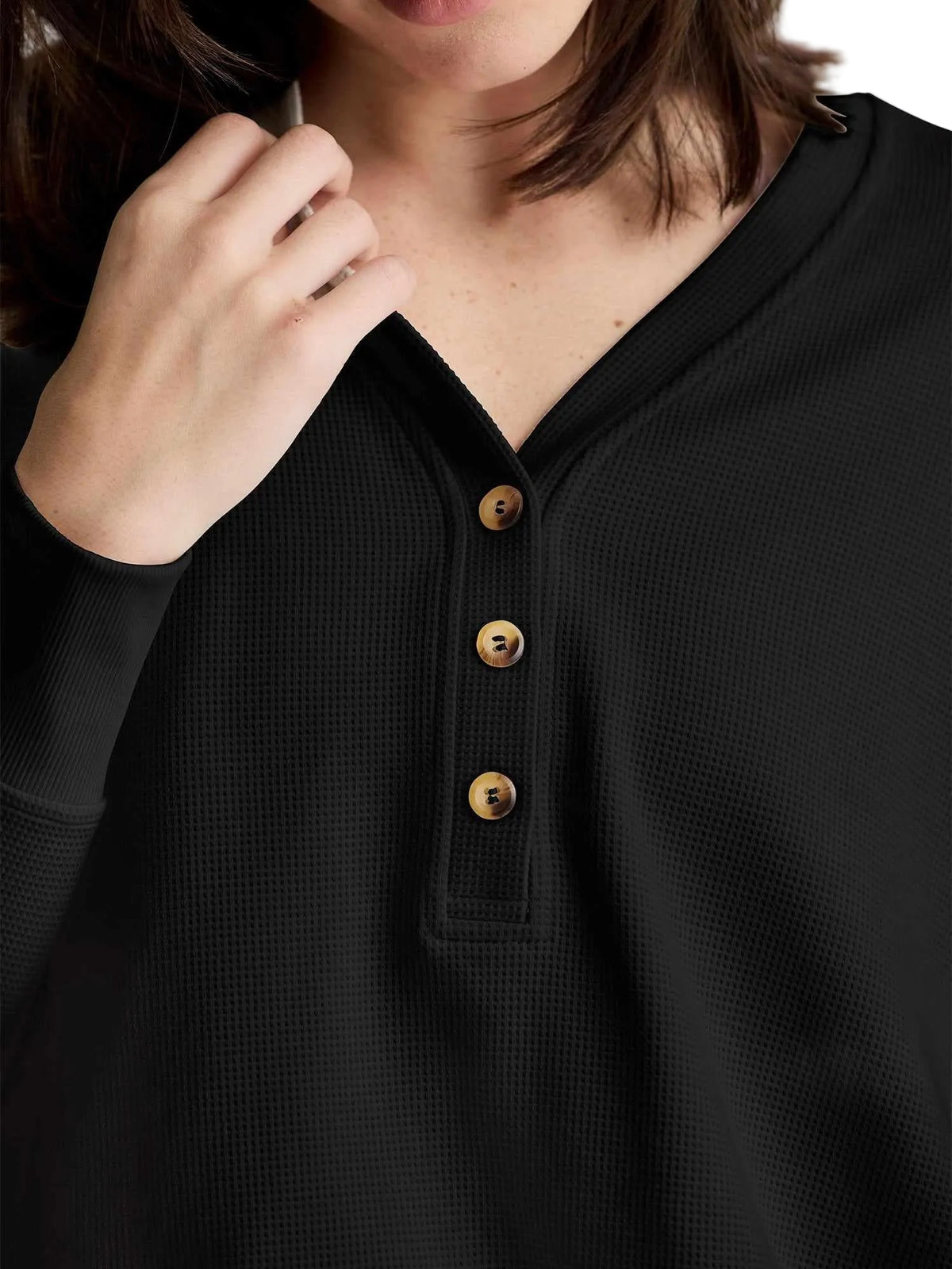 Womens Waffle Long Sleeve Henley-Shirts-Free Fly-Black Sand-Mountain Sports