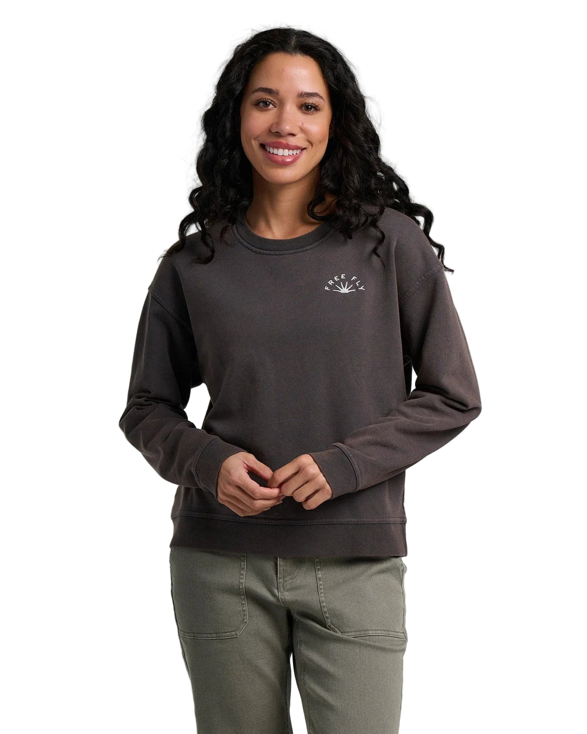 Womens Sunburst Fleece Crew-Sweatshirts-Free Fly-Black Sand Wash-Mountain Sports