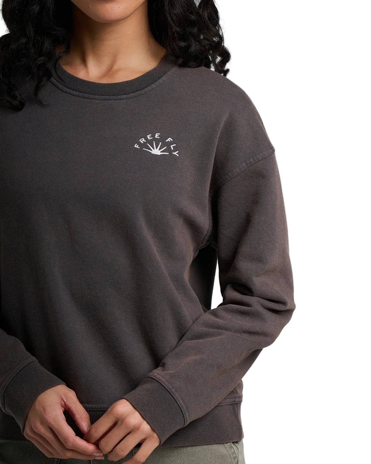 Womens Sunburst Fleece Crew-Sweatshirts-Free Fly-Black Sand Wash-Mountain Sports