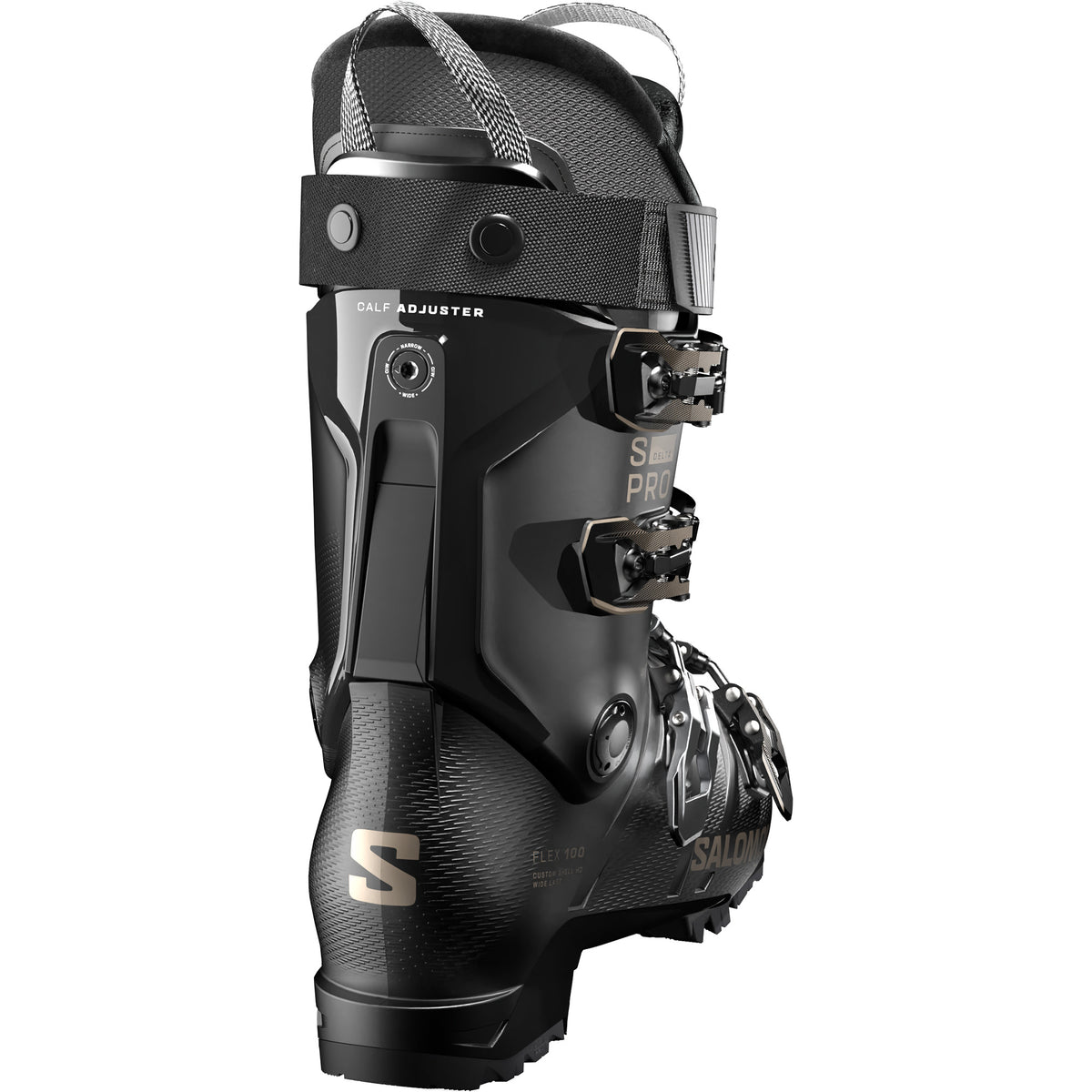 Salomon Men's S/PRO DELTA 100 ski boot, three-quarter rear view showing the cuff and power strap