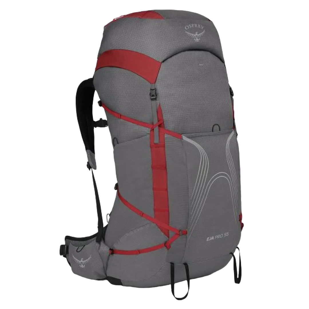 Womens EJA PRO 55 Backpack-Backpacks-Osprey-Dale Grey/Poinsettia Red-Mountain Sports