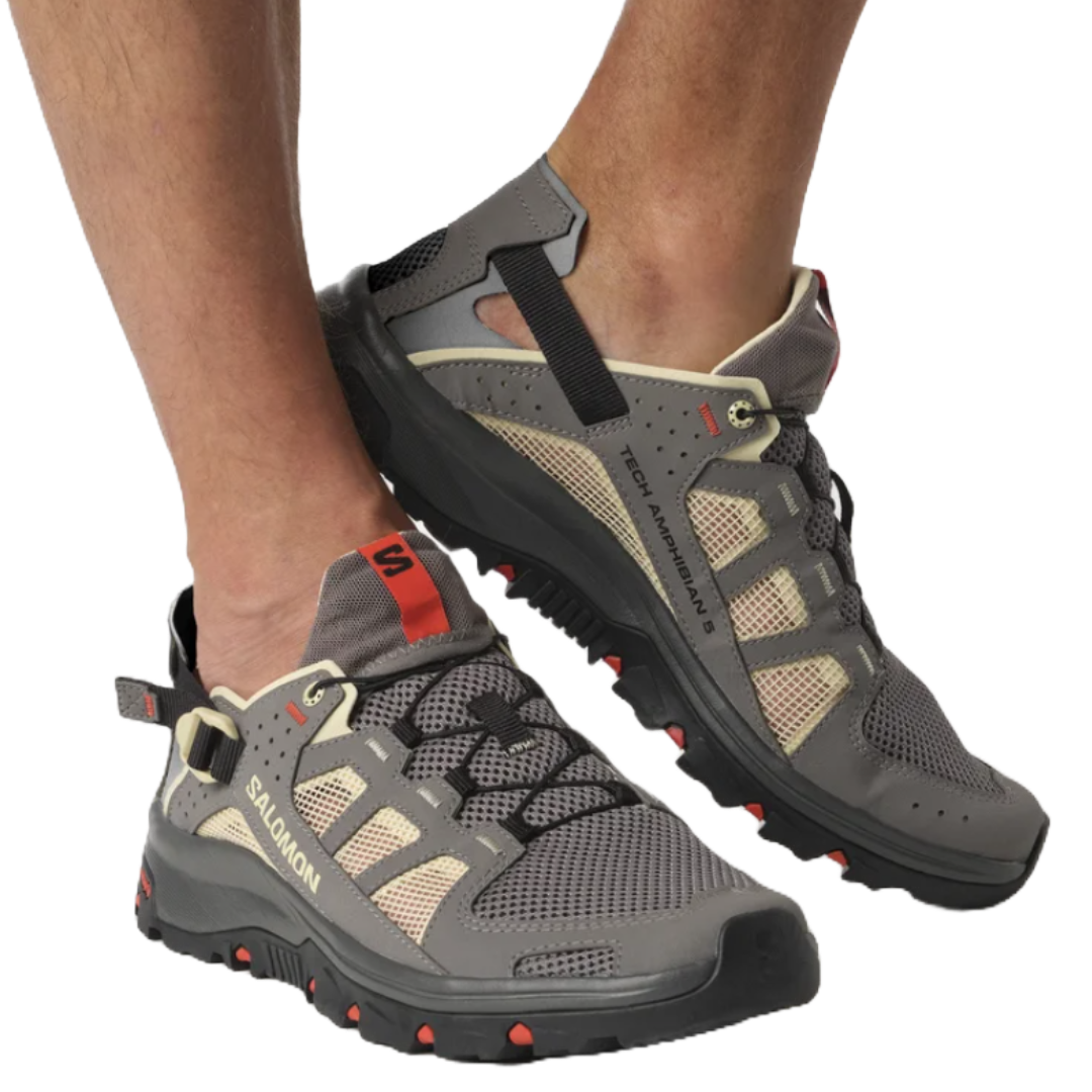 Mens Techamphibian 5-Trail Running Shoes-Salomon-Pewter/Moth/Fiery Red-Mountain Sports