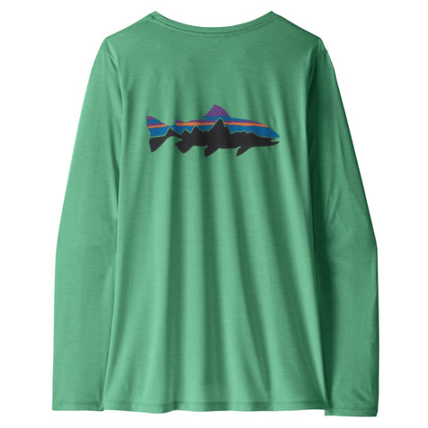 Womens L/S Cap Cool Daily Shirt - Fitz Roy Trout-Long Sleeve Shirts-Patagonia-Aqua Stone - Light Aqua Stone X-Dye-Mountain Sports