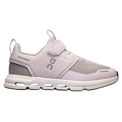 On Kids' Cloud Play in Orchid/White, side profile showing the hook-and-loop strap over elastic laces and the white CloudTec midsole
