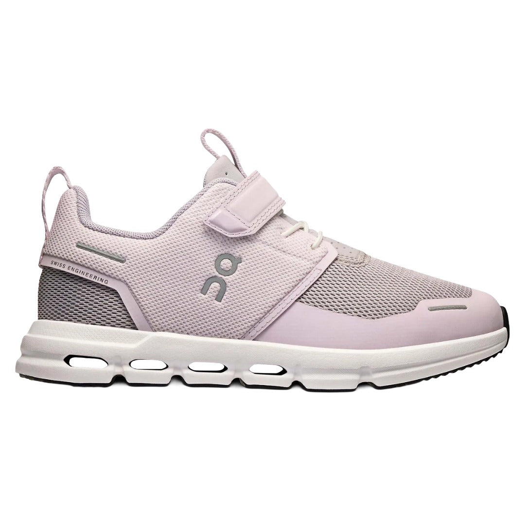 On Kids' Cloud Play in Orchid/White, side profile showing the hook-and-loop strap over elastic laces and the white CloudTec midsole