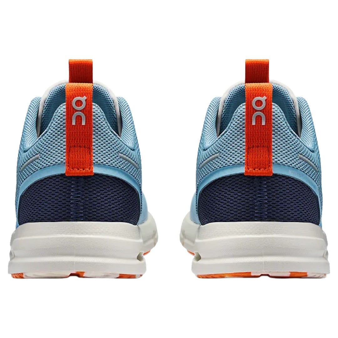Rear view of a pair of On Kids' Cloud Play shoes in Dust/Dew, showing the orange heel pull loops