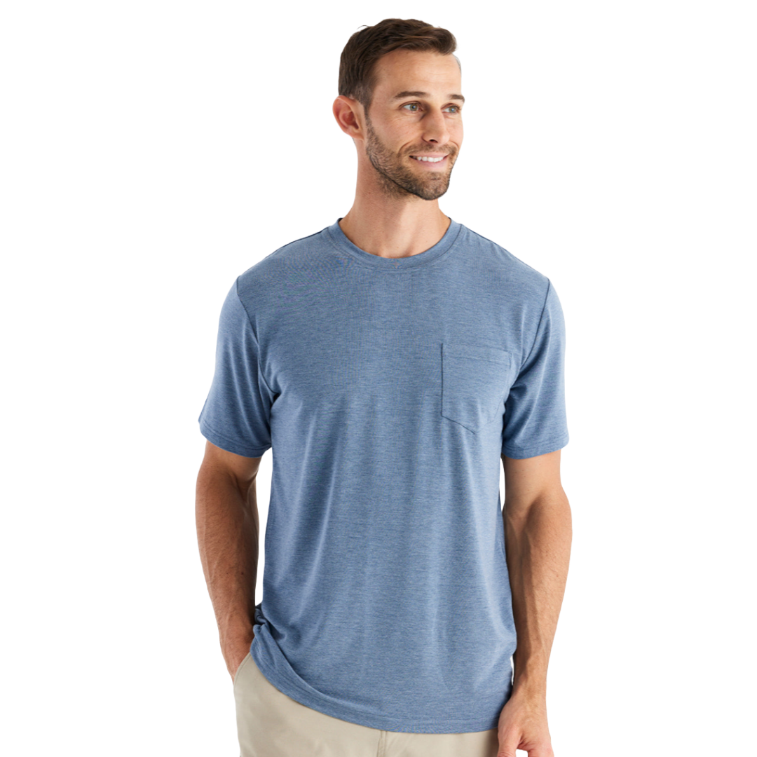 Mens Bamboo Flex Pocket Tee-Short Sleeve Shirts-Free Fly-Heather Deepwater-Mountain Sports