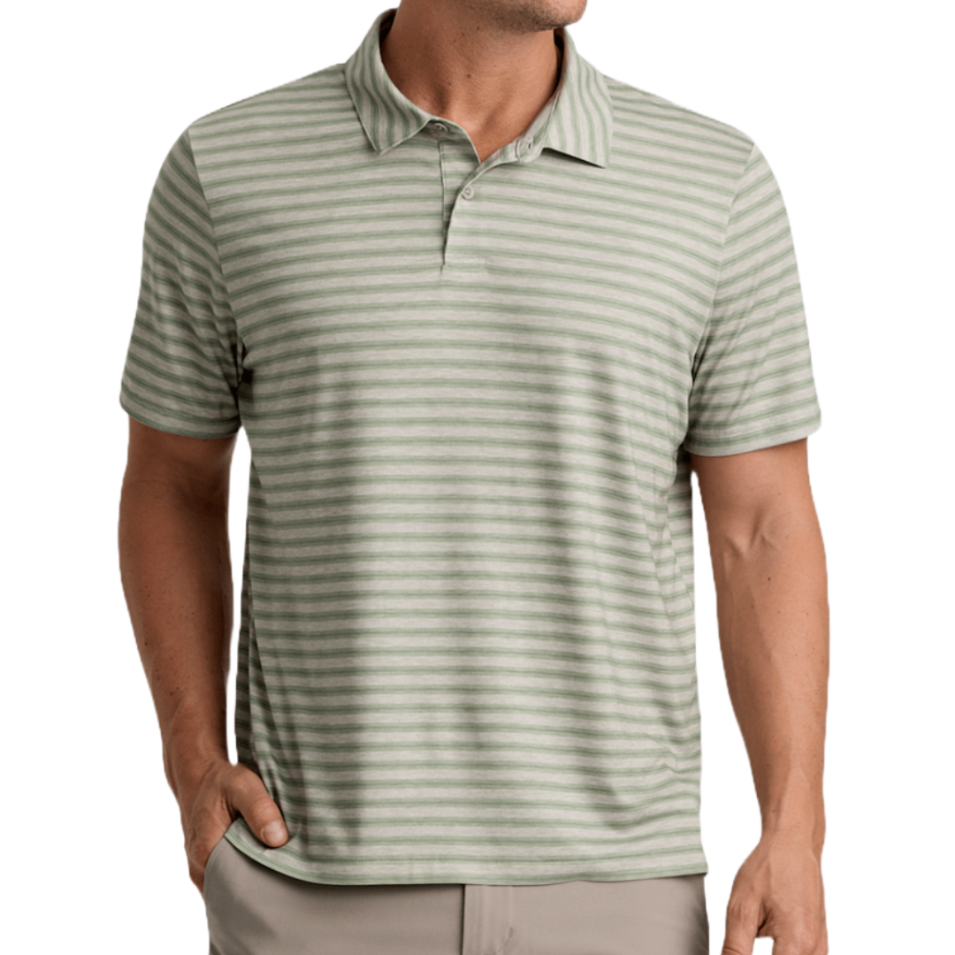 Men's Elevate Polo-Short Sleeve Shirts-Free Fly-Smooth Sailing Stripe - Heather Desert Sage-Mountain Sports