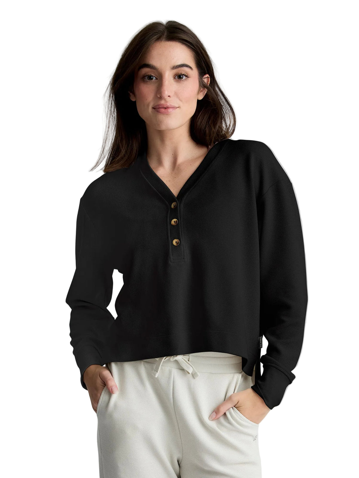 Womens Waffle Long Sleeve Henley-Shirts-Free Fly-Black Sand-Mountain Sports