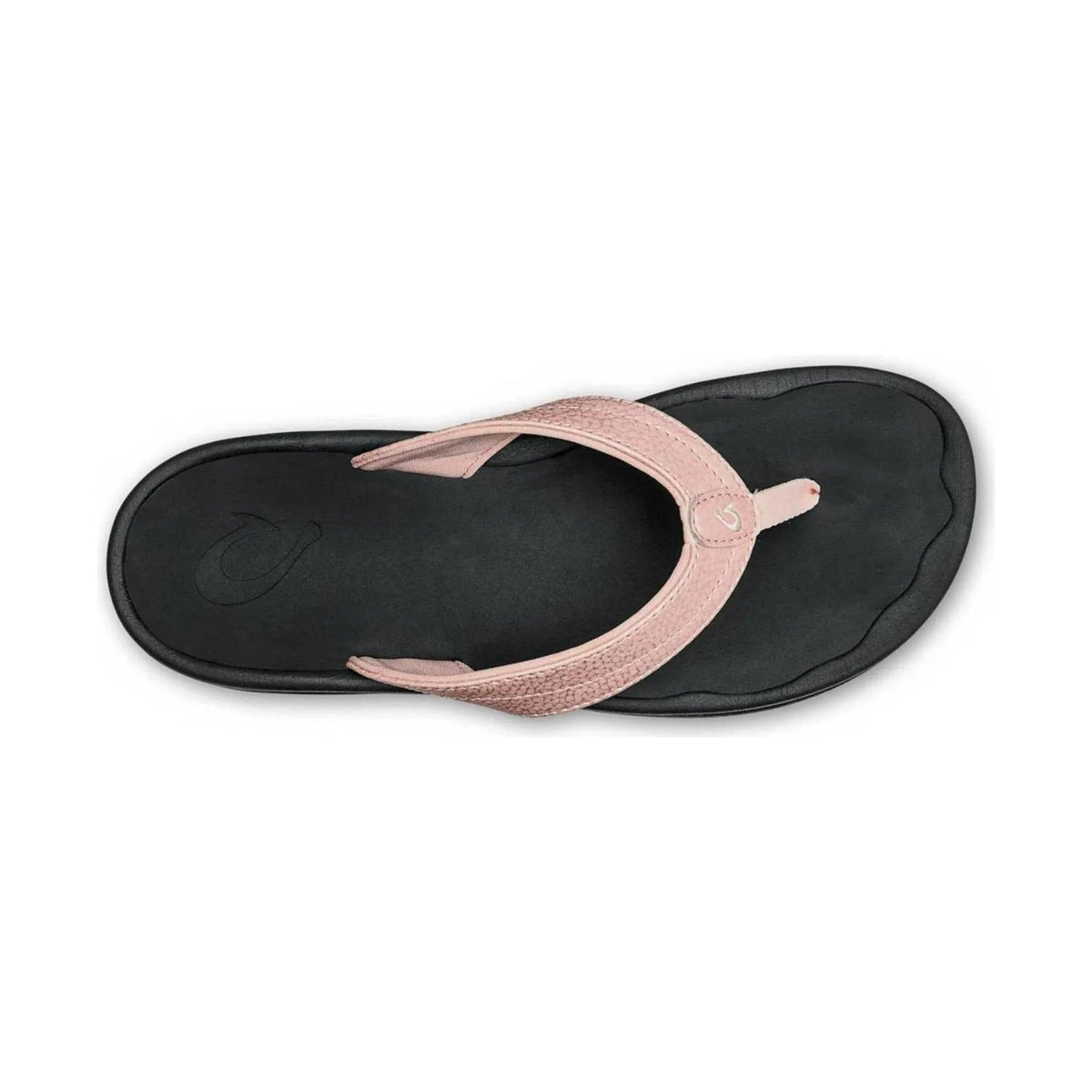 OluKai Womens 'Ohana Sandal in Petal Pink / Black, top view of the contoured footbed and toe post