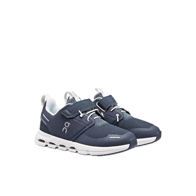 Pair of On Kids' Cloud Play shoes in Midnight/White at a three-quarter angle